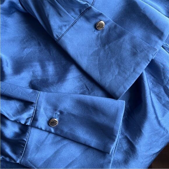 SEROYA Silk Alisa Dress Long Sleeve Mini Open Back V Neck Country Blue - Picture 10 of 13